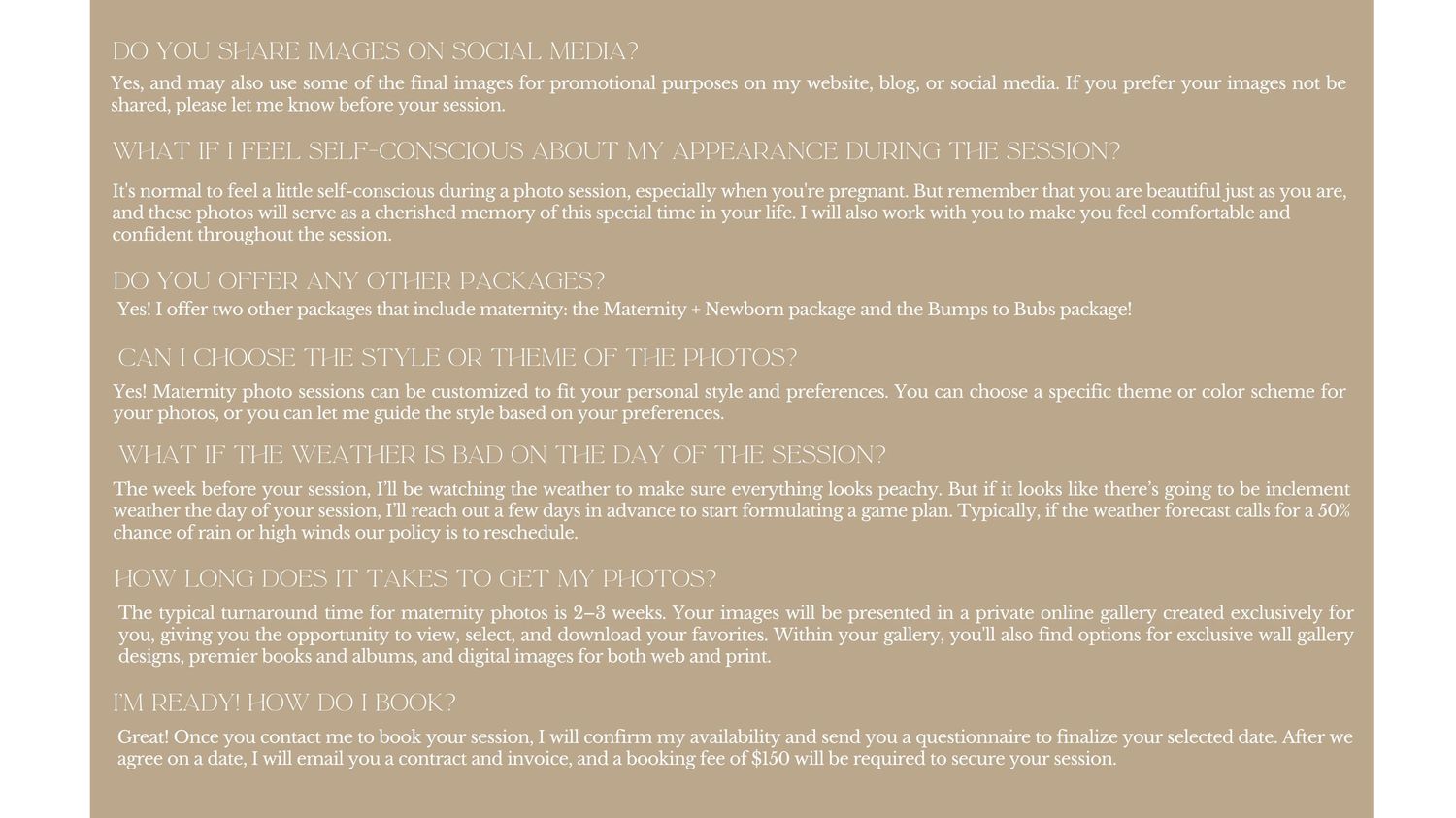 Informational text on beige background displaying business policies and guidelines.