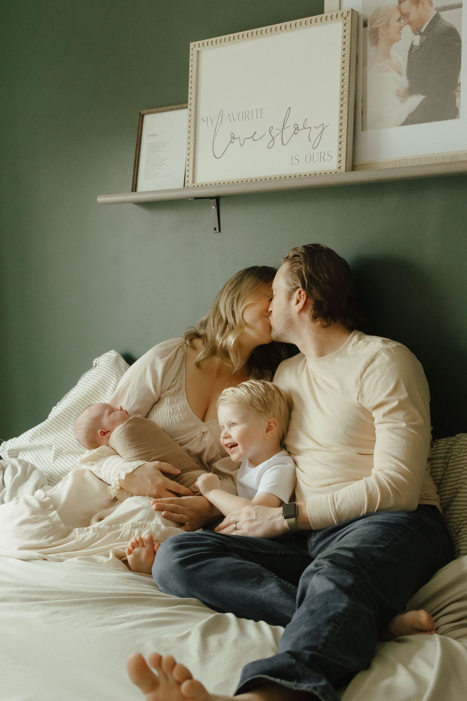 A series of intimate family photos showing tender moments of connection and affection while relaxing on a bed.