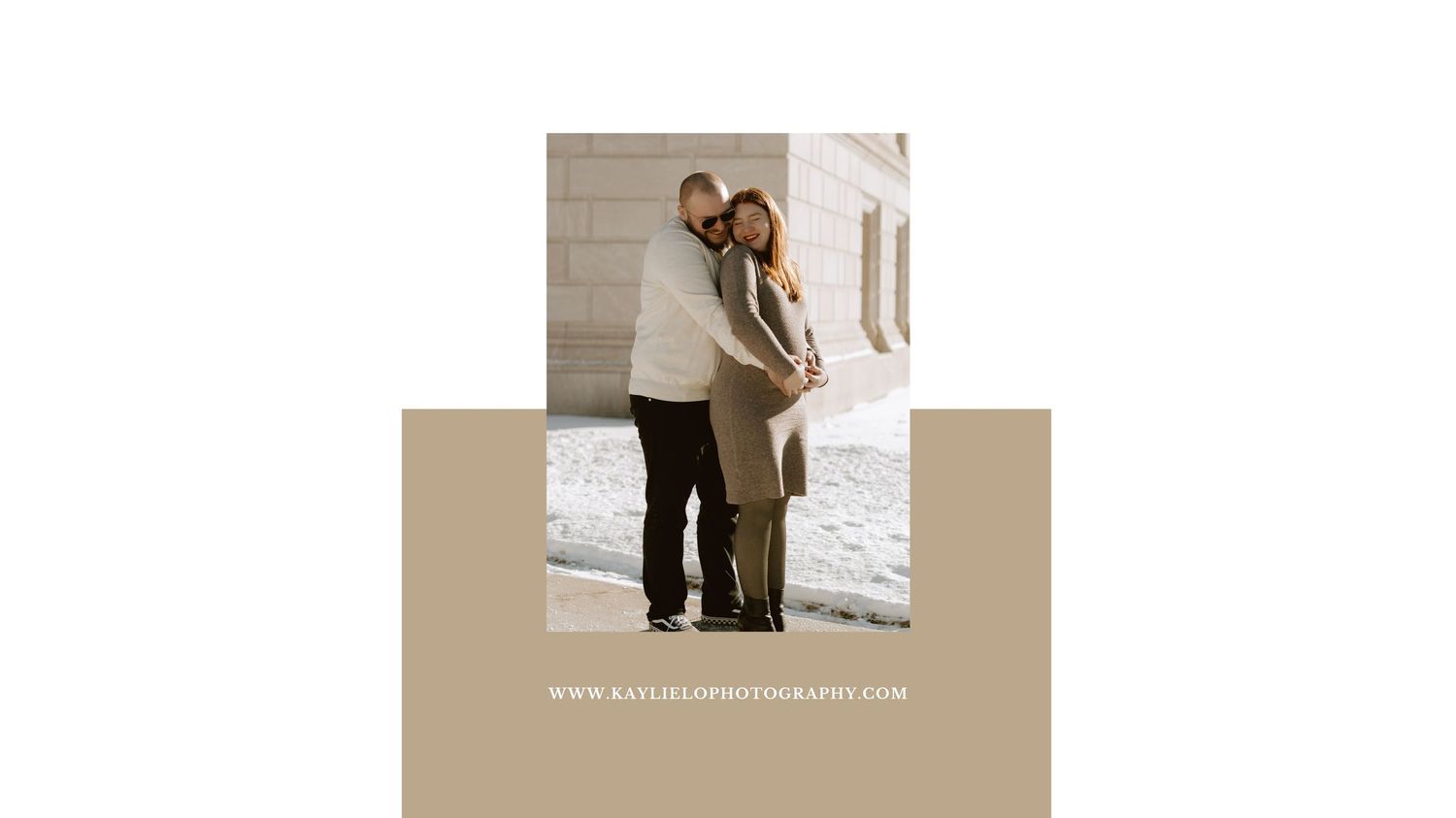 A couple embraces in a candid photo with a tan background and website URL.