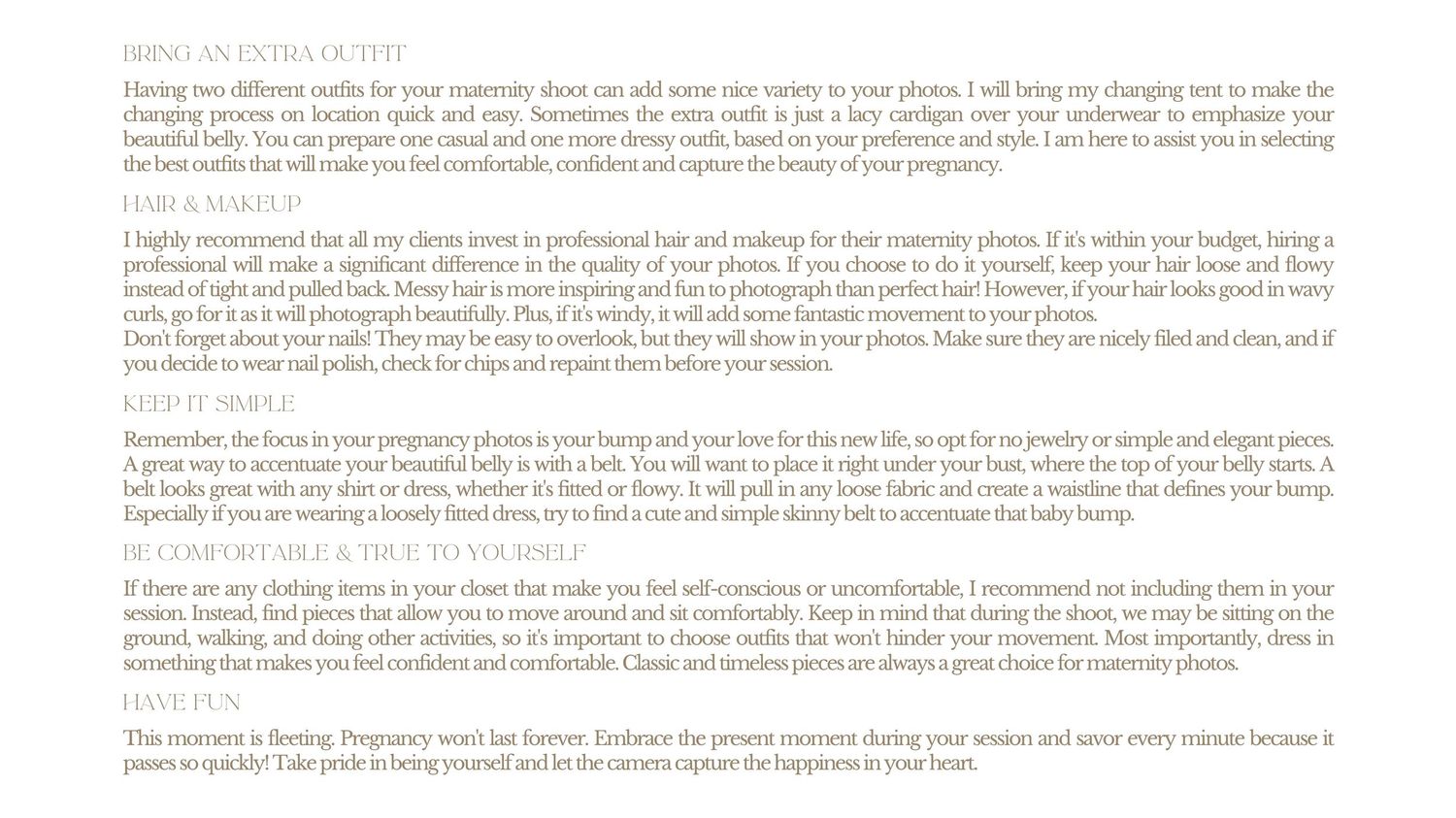 Photography services text page with details about maternity and family photo sessions.