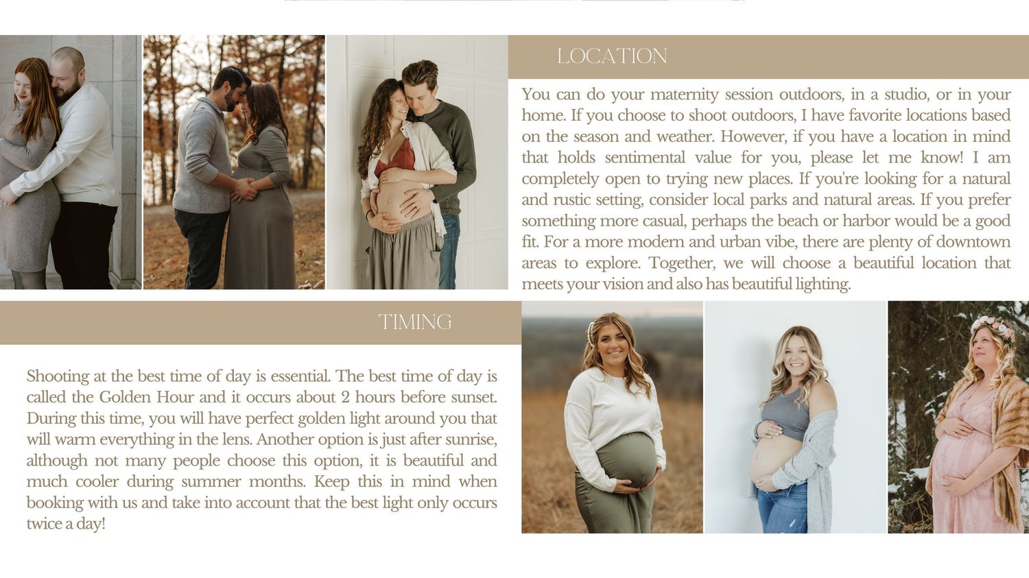 Photography portfolio spread showing various maternity and lifestyle photo sessions.