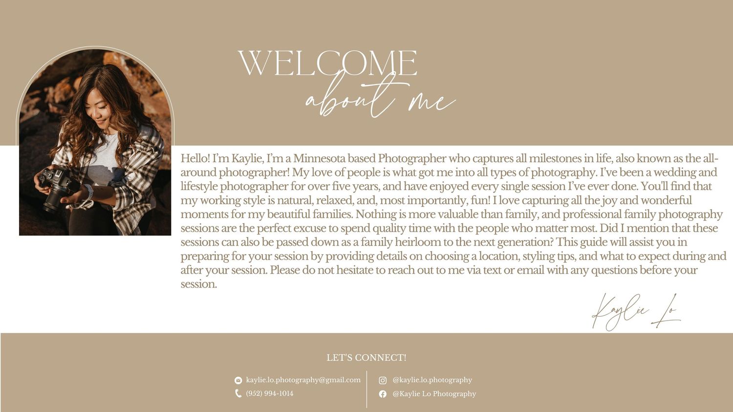 Welcome page layout with circular photo and text on beige and white background.