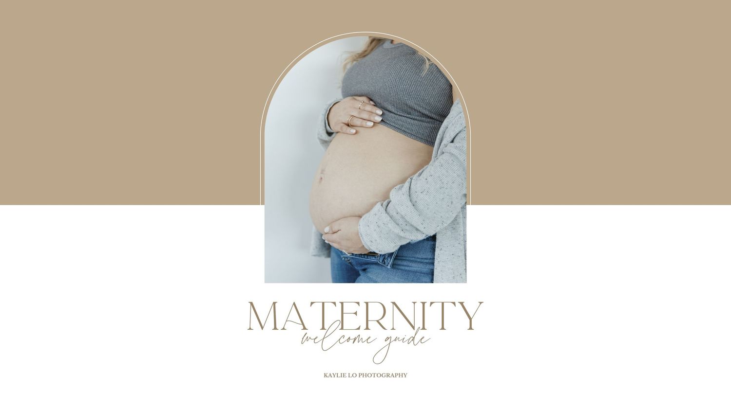Minimalist maternity photography branding design with soft blue and beige tones.
