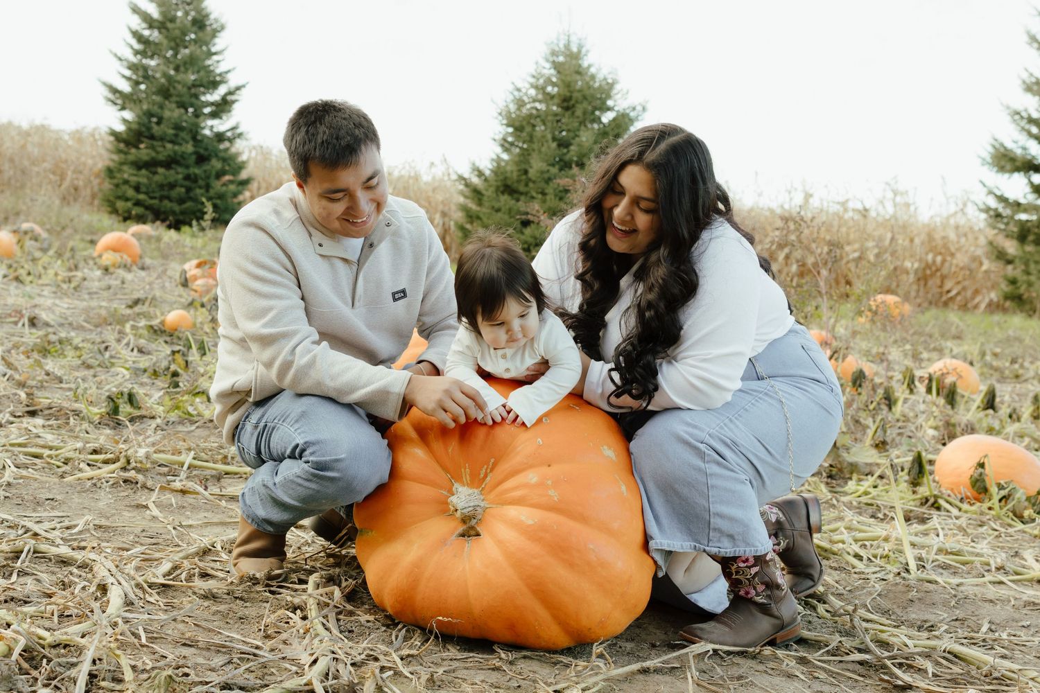 Family of three posing with a large orange pumpkin in a pumpkin patch during autumn harvest season.