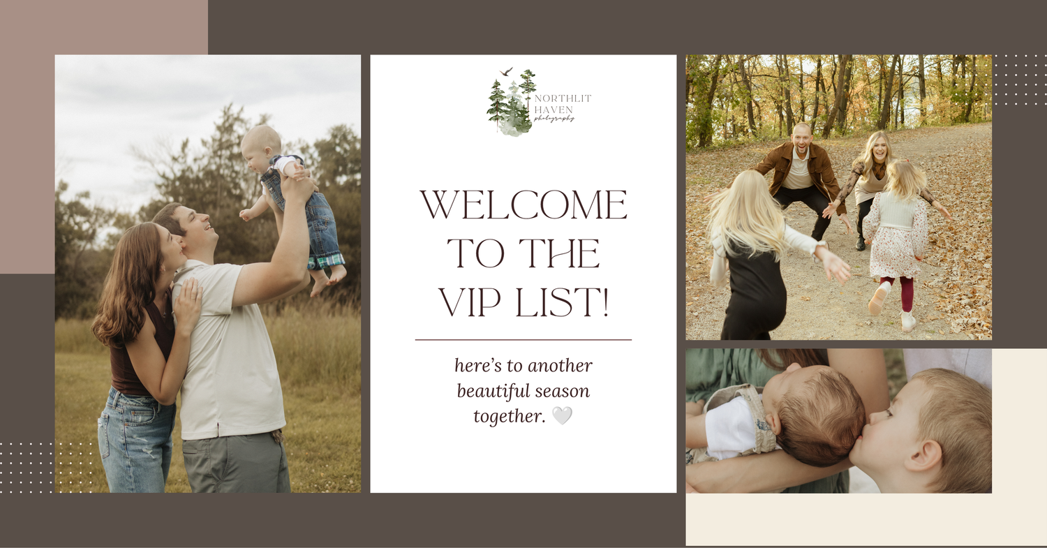 A warm family photo collage with a welcome to the VIP list message, featuring outdoor portraits in autumn settings.
