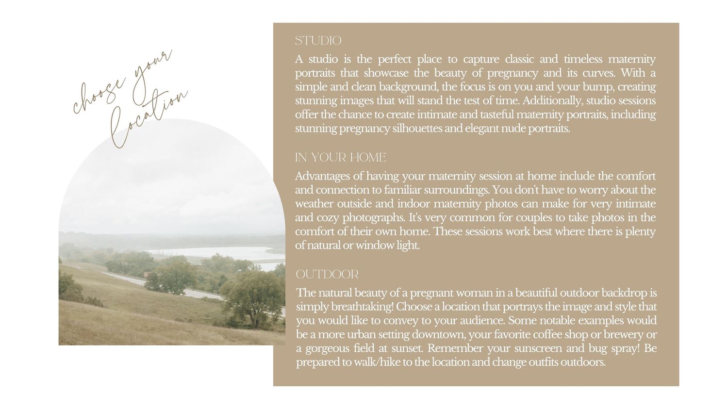 Photography portfolio layout with landscape imagery and testimonial text sections.