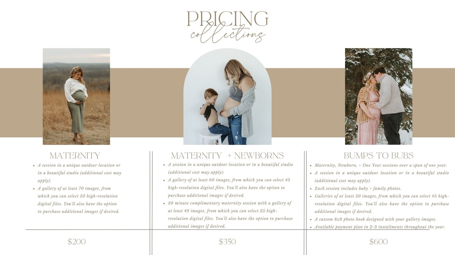 Photography pricing guide with three tiers of photo packages and sample images.