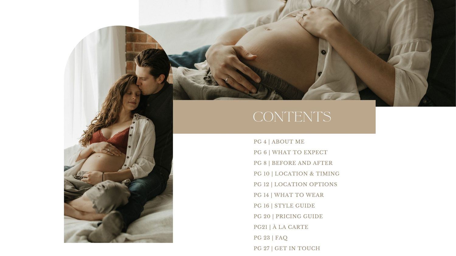 Editorial style layout for maternity photography contents page with soft beige tones.