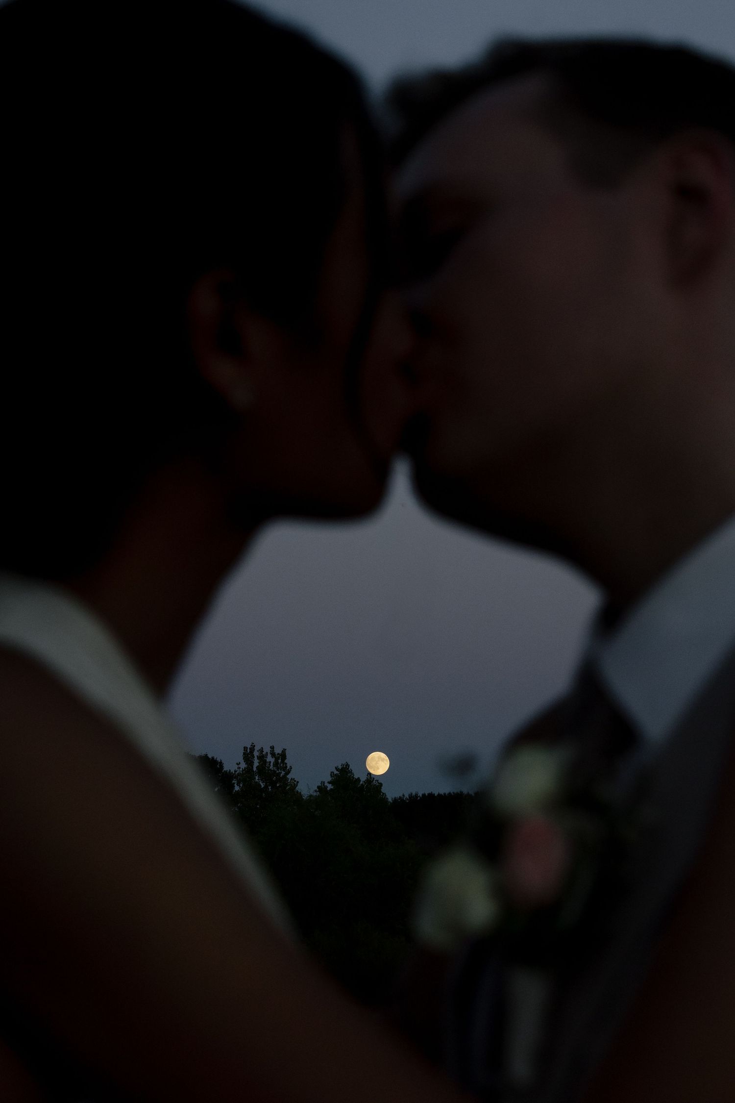 A romantic silhouette of a couple kissing at dusk with a full moon rising in the background.