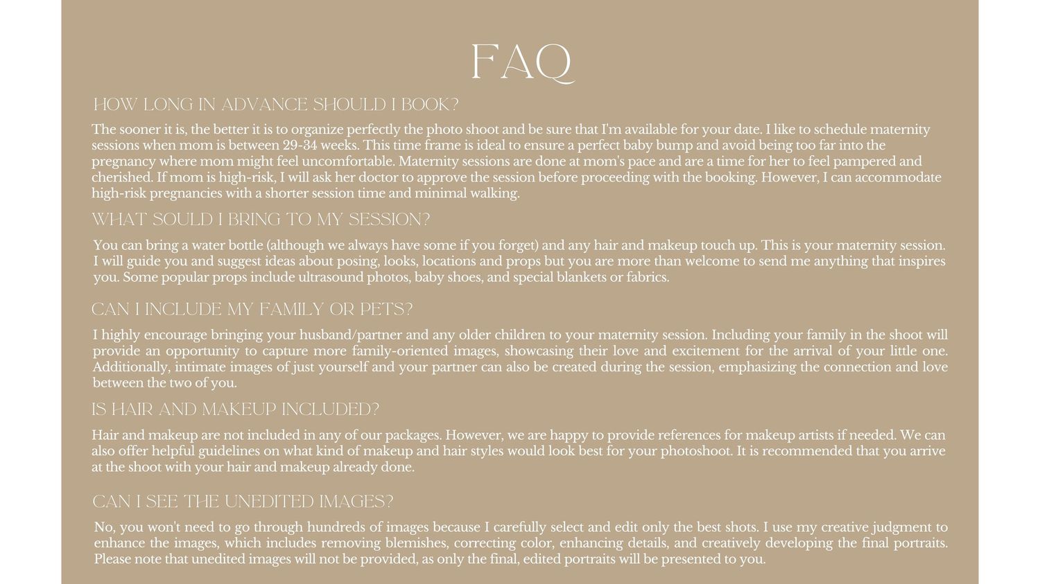 A FAQ section with text on a beige background showing information and guidelines.