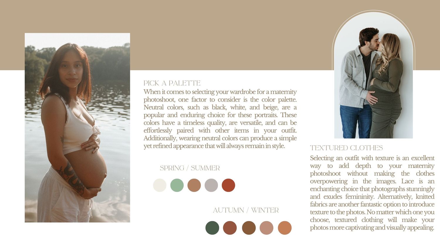 Photography branding board with color palettes and maternity photo samples in earthy tones.
