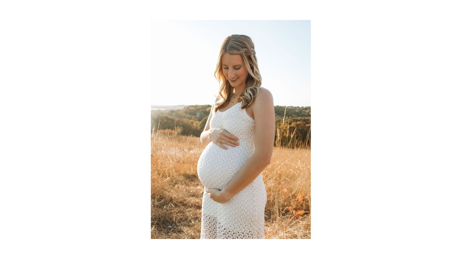 Maternity photos and portfolio images showcasing a mother in a white dress standing in a golden field at sunset.