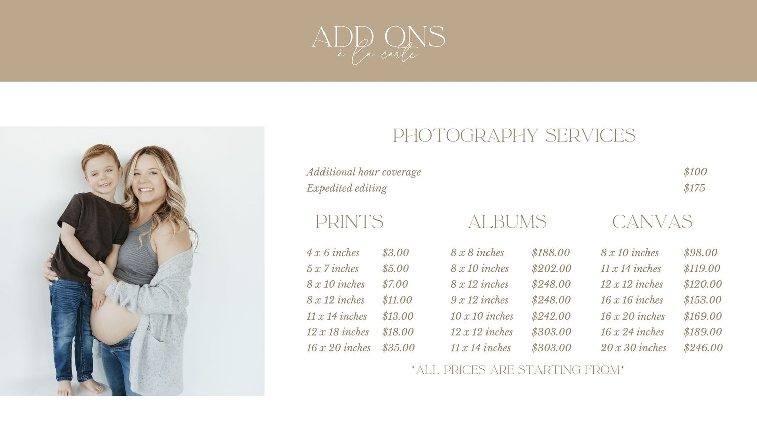 Photography pricing add-ons page showing print and album options with sample family photo.