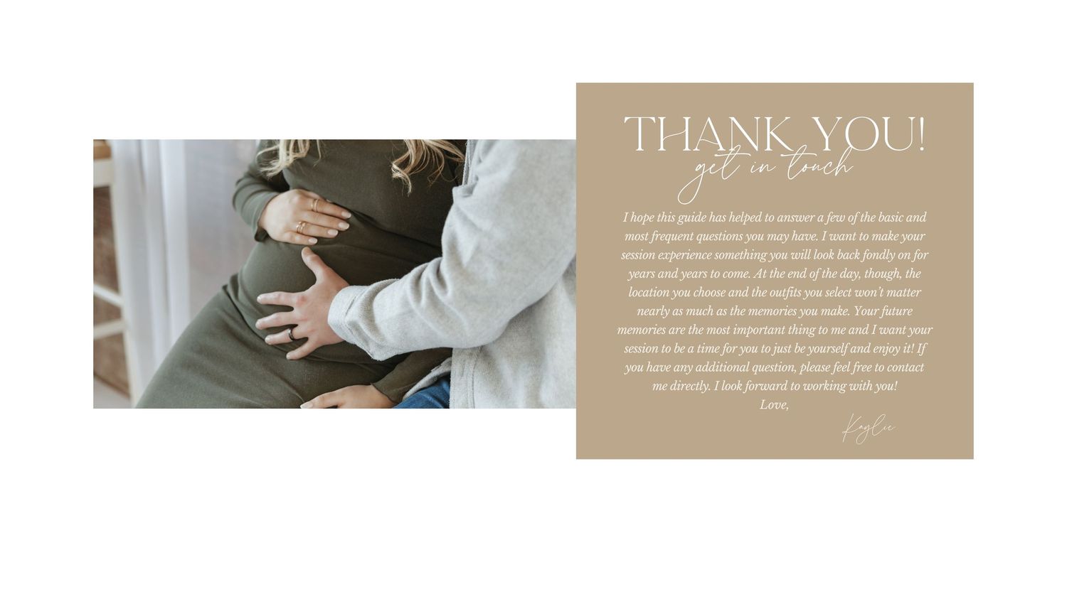 Thank you message design with cropped photo and text on beige background.