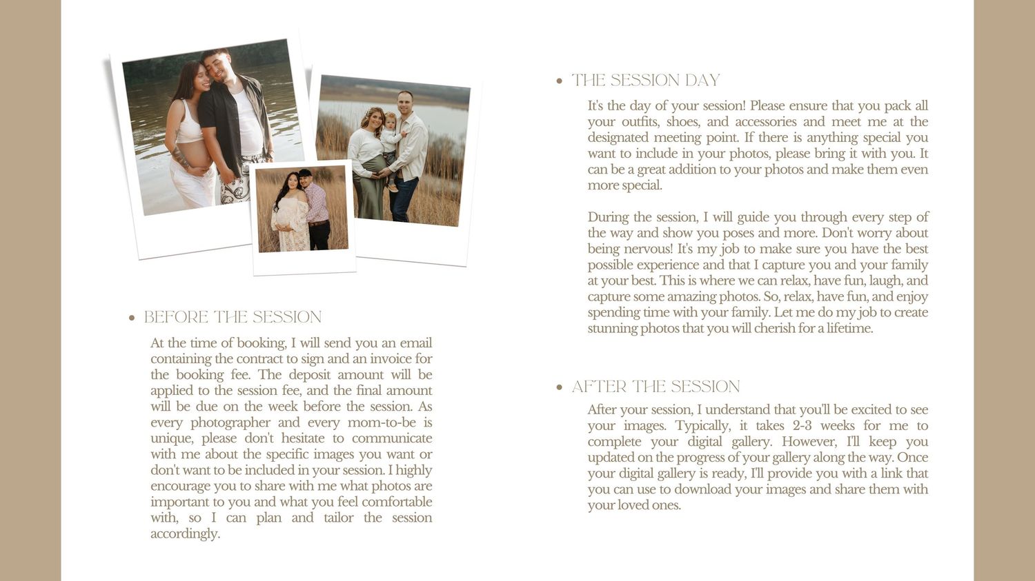 Minimalist photography portfolio layout with multiple image columns and text sections.