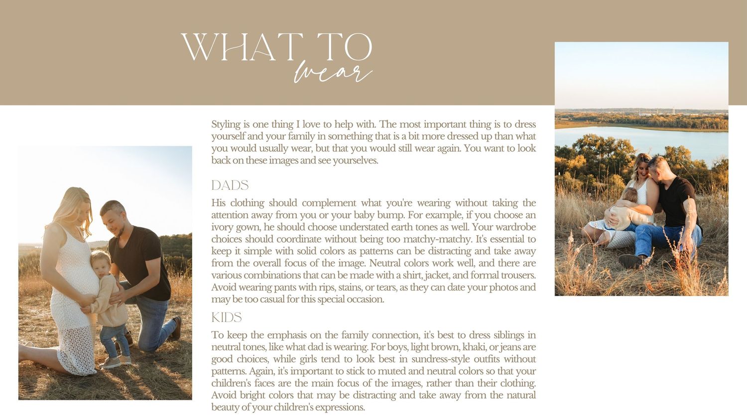 Photography portfolio page layout with outdoor photo shoot images and what to wear text section.