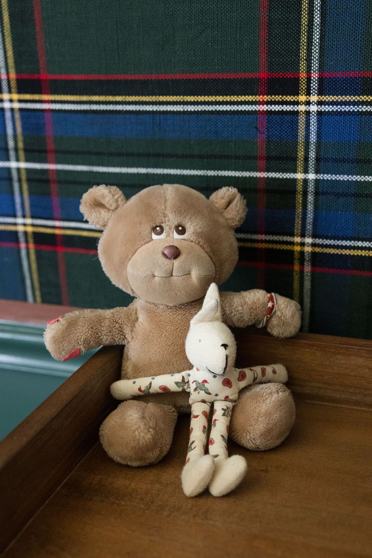 Brown teddy bear and white stuffed bunny sitting against plaid wallpaper.