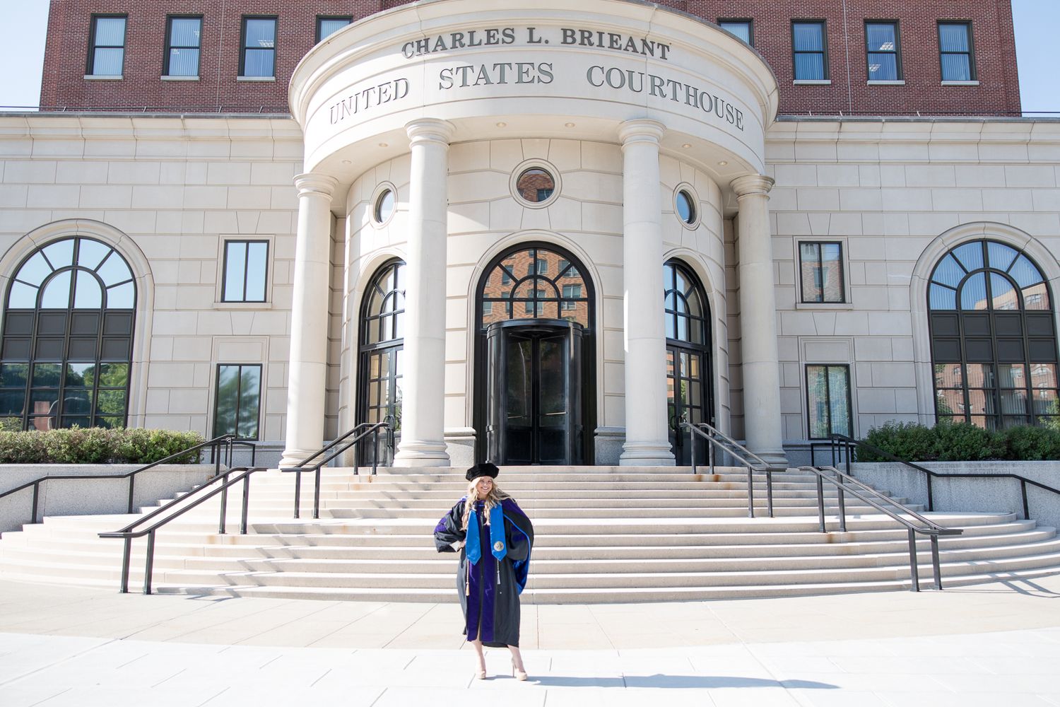 Exterior view of Charles L. Brieant United States Courthouse with classical columns and arched windows.