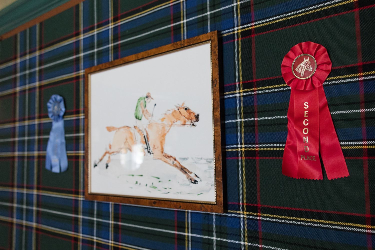 Watercolor horse artwork and red ribbon displayed on plaid wallpaper.