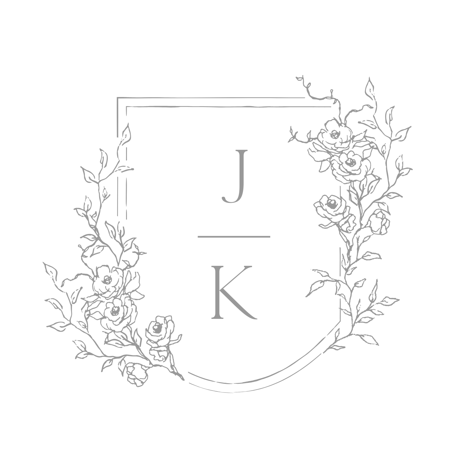 Elegant monogram design with letters J and K inside a shield-shaped frame adorned with decorative floral vine elements.