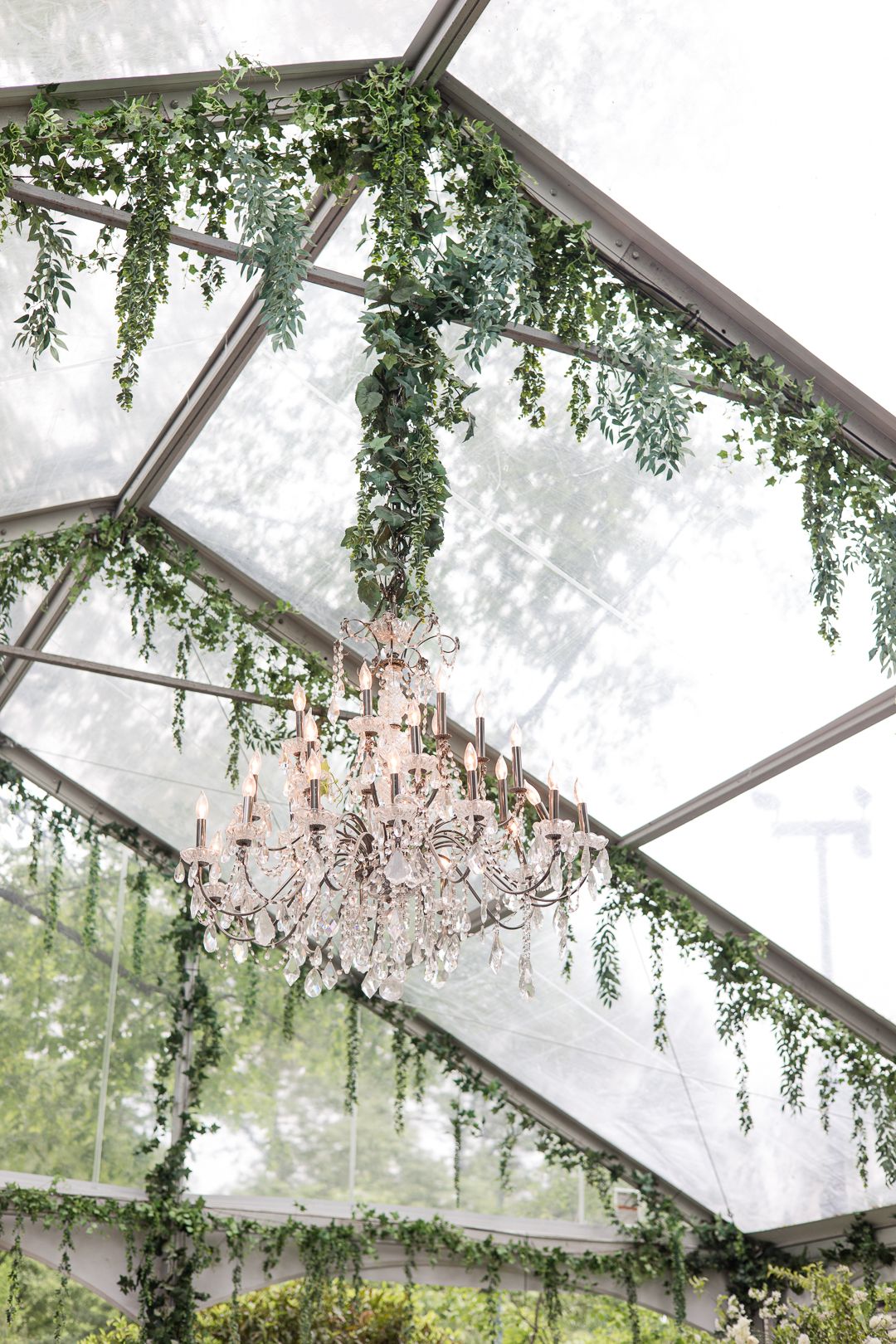 Crystal chandelier hangs from clear tent ceiling adorned with cascading greenery.