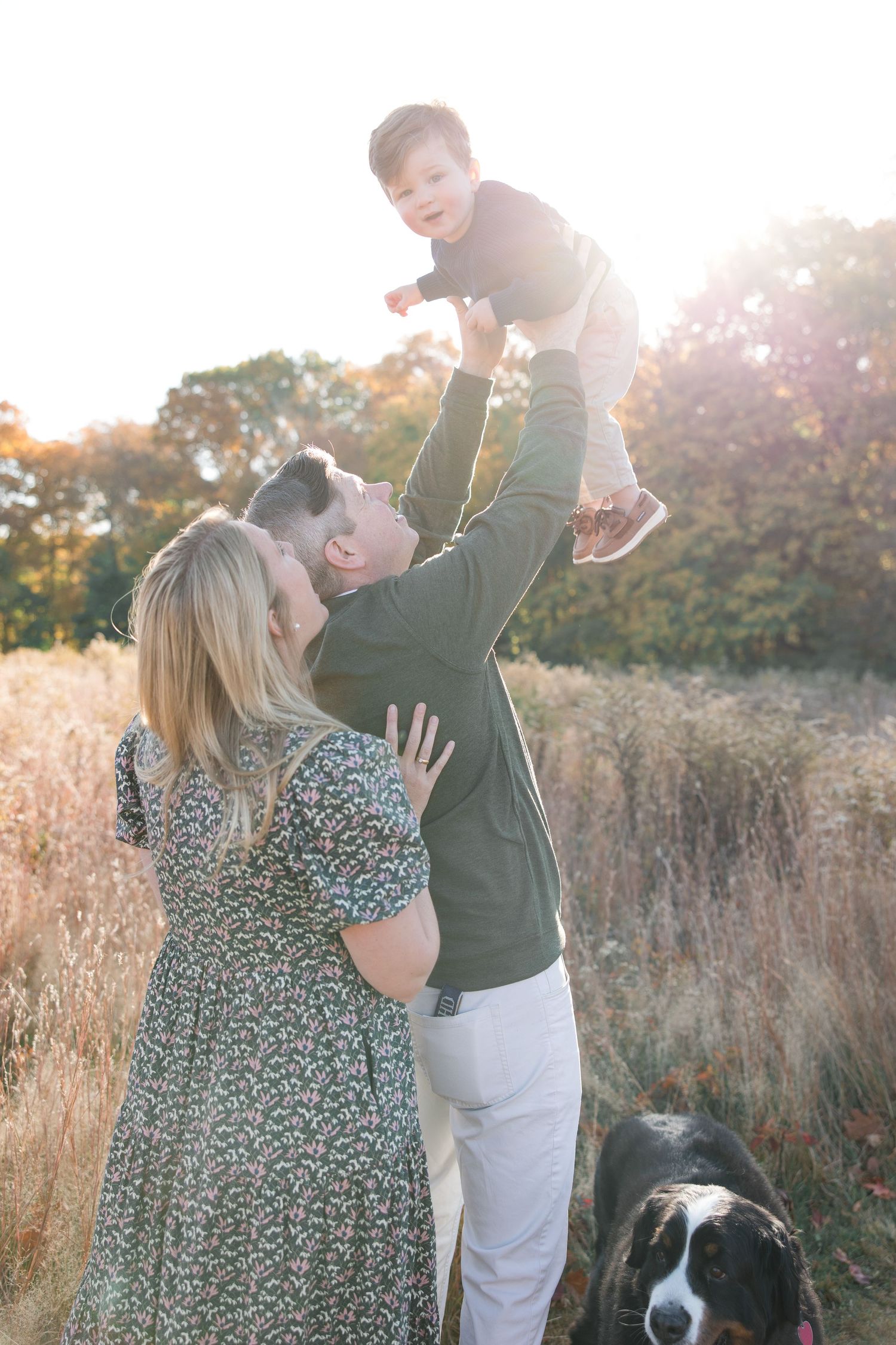 A playful family moment outdoors with their dog as they lift their child in the golden sunlight.