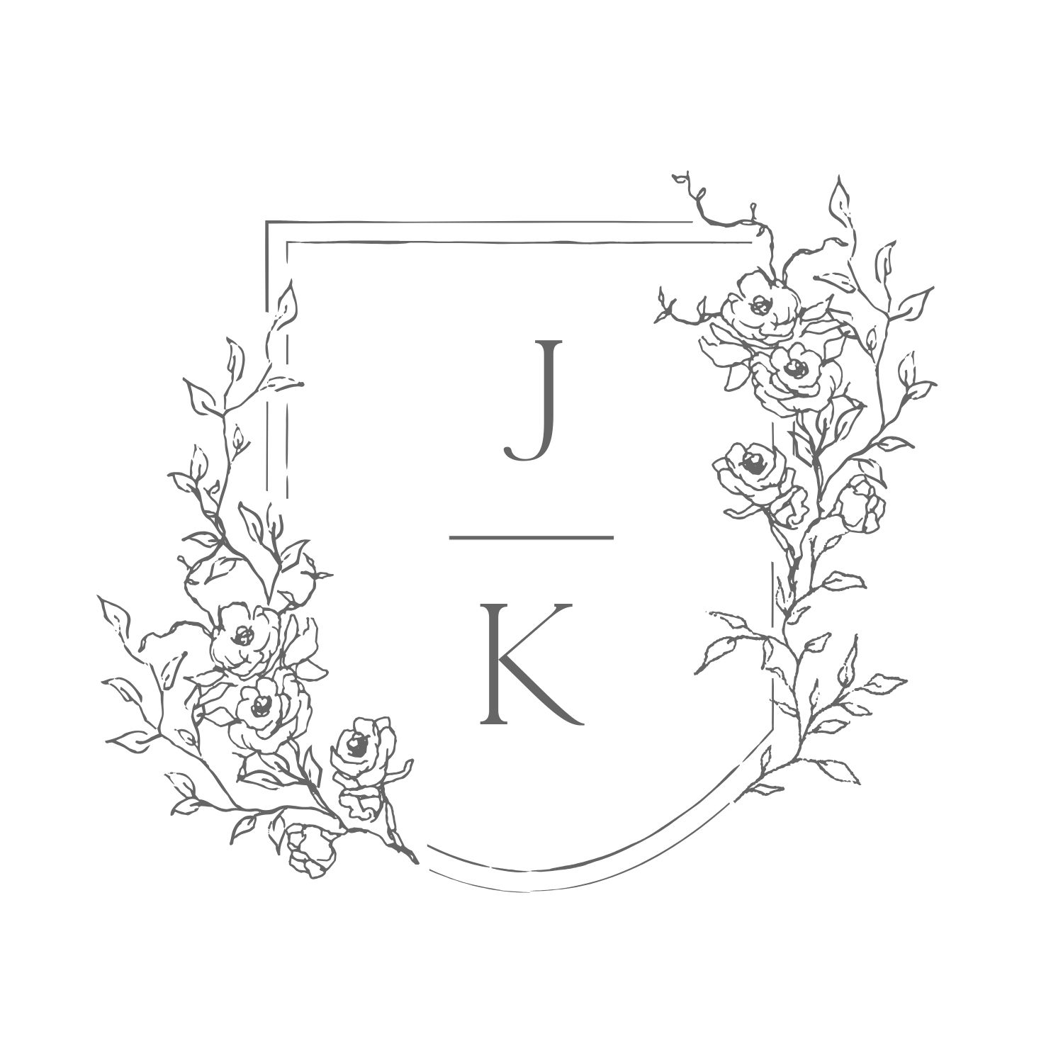 Minimalist wedding monogram design with delicate floral illustrations framing initials J and K.