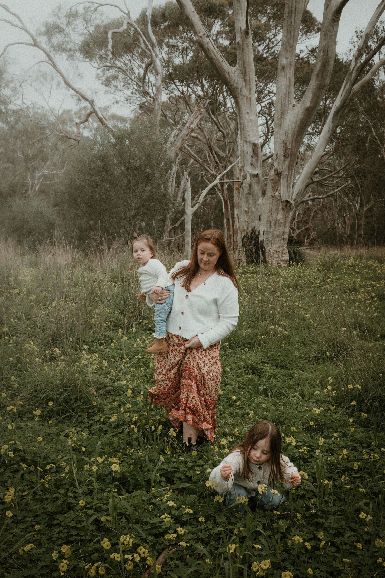 Family enjoying time together in a wildflower meadow with tall eucalyptus trees. Kangaroo Island.