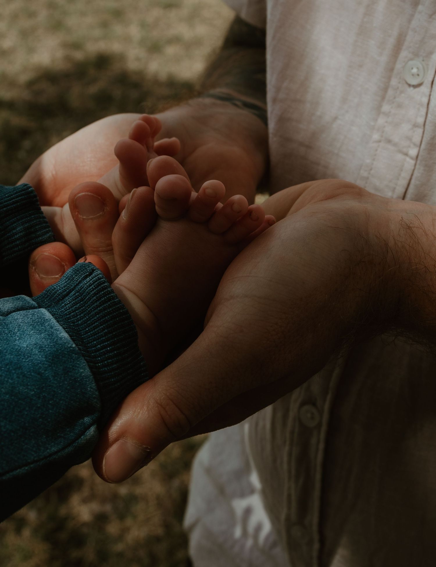 Close up of adult and child hands tenderly touching in warm lighting.