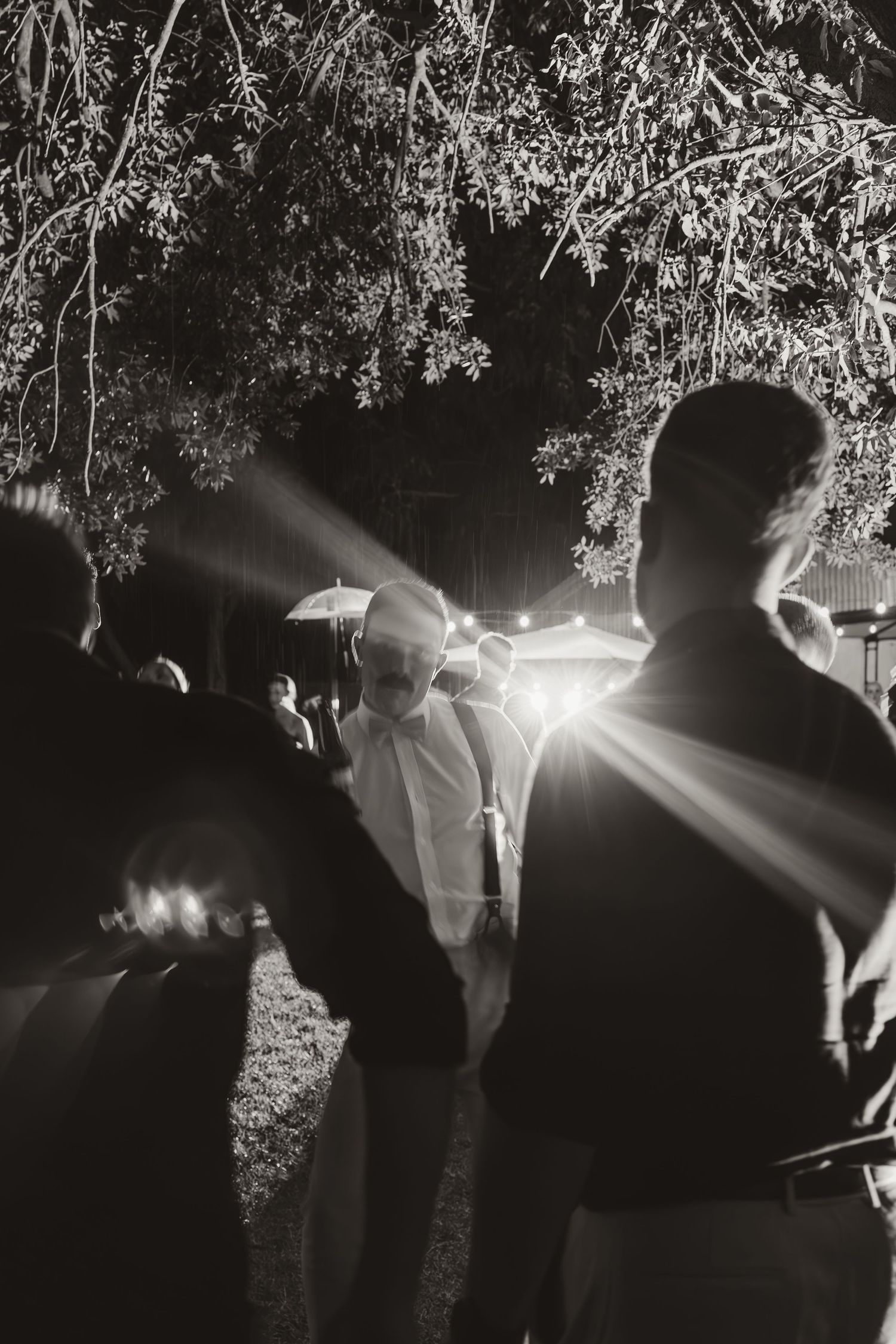 A black and white photo of wedding guests dancing under tree branches with light beams shining through.