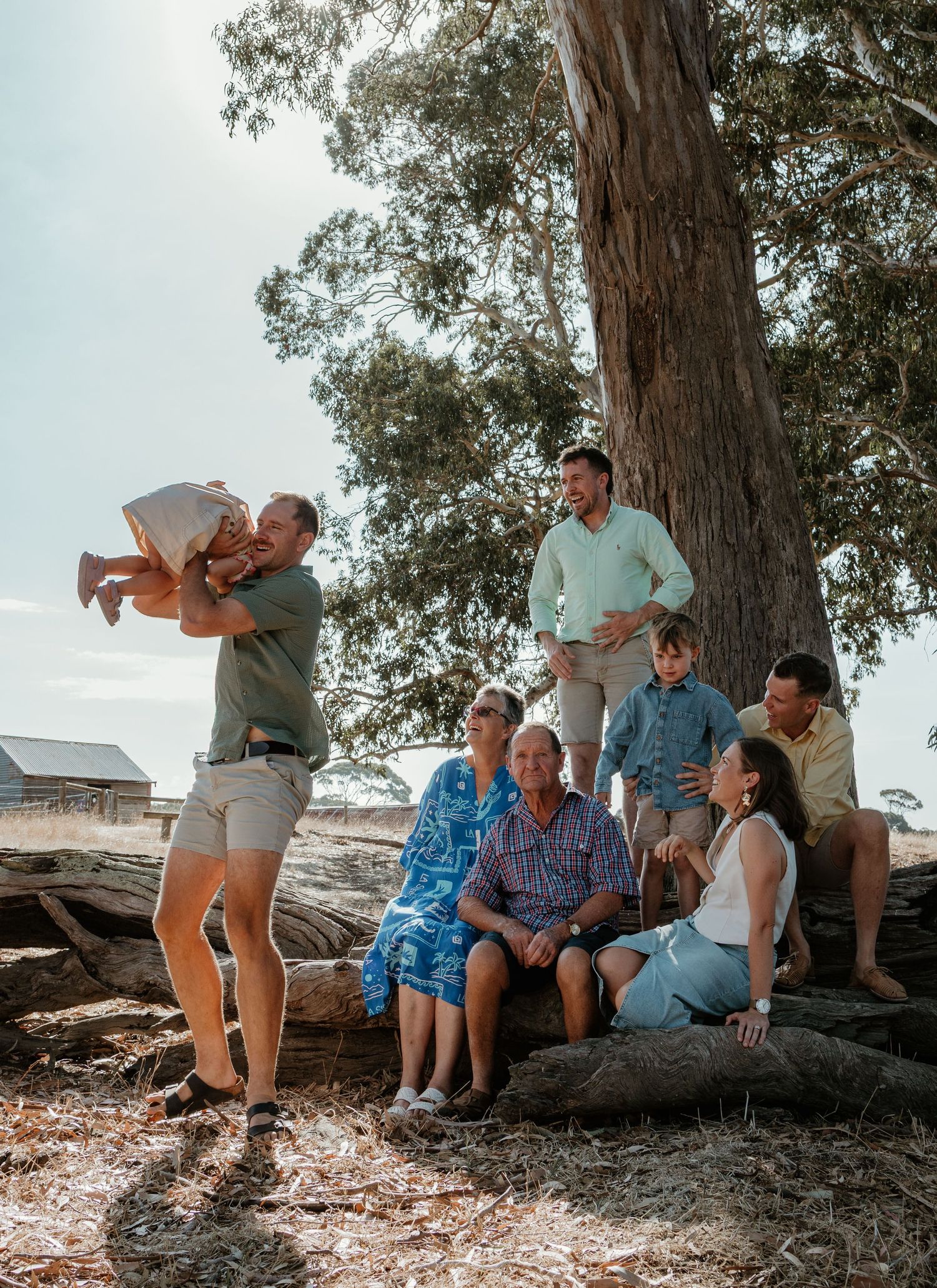 A multi-generational family gathering under a large eucalyptus tree in the Australian outback.