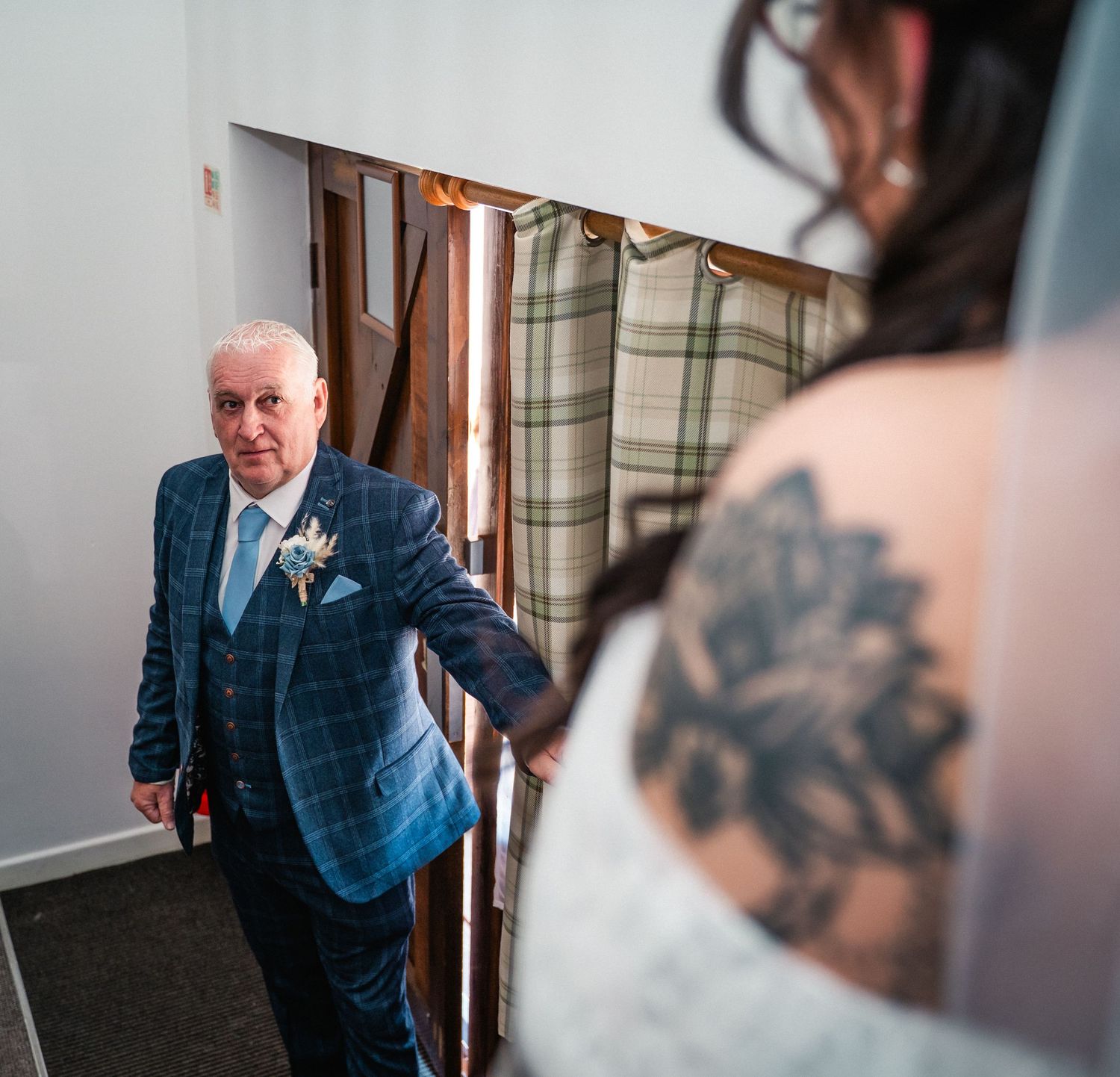 Dads first look at his daughter on her wedding day at The gardeners country inn, captured by natural East Yorkshire wedding Photographer