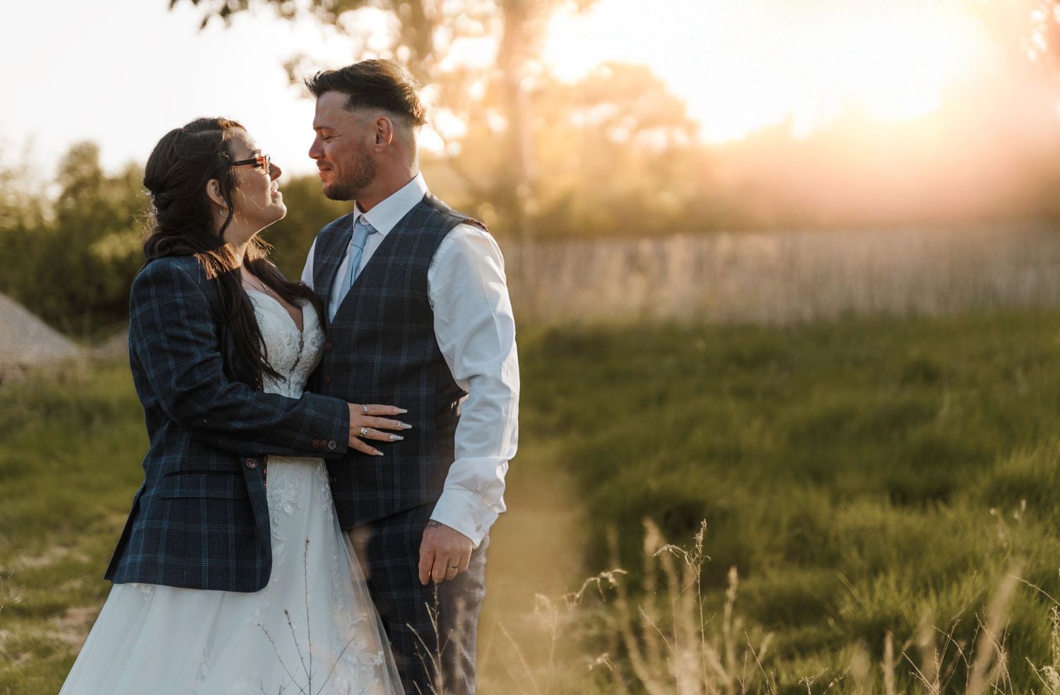 Bride and groom portrait during sunset at the Gardeners country inn, captured by a candid East Yorkshire wedding Photographer