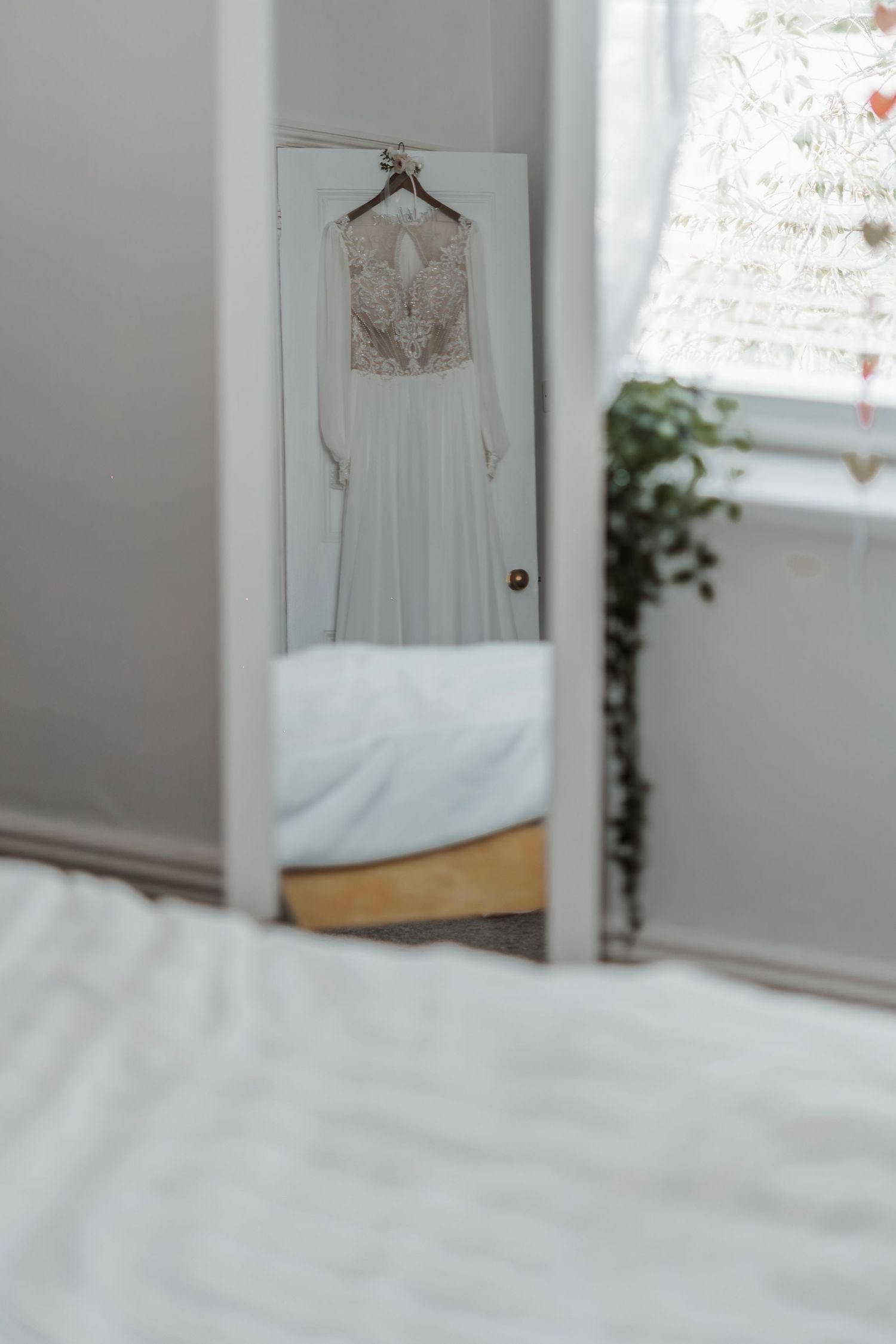 Brides wedding dress on the morning of her wedding in hornsea, taken by A wedding photographer in East Yorkshire