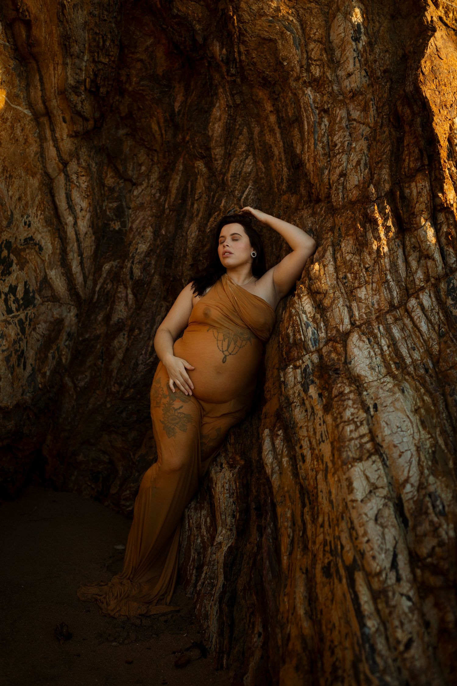 Artistic portrait sequence against textured tree bark in warm lighting.