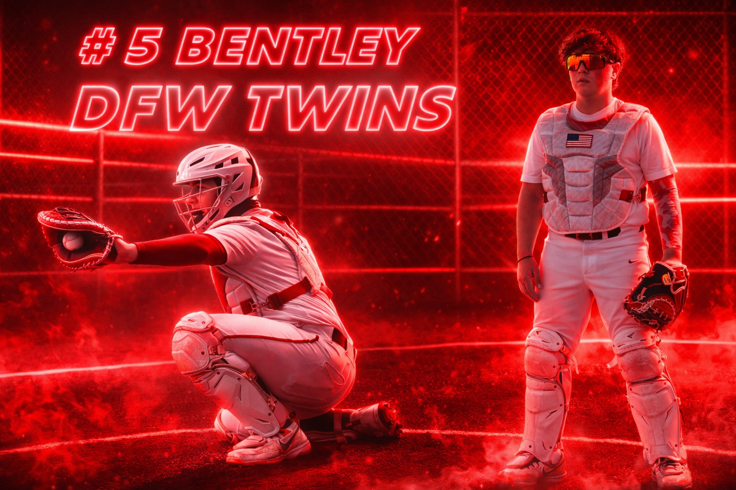 Baseball player #5 Bentley of DFW Twins in catcher gear and batting stance, dramatic red neon lighting.