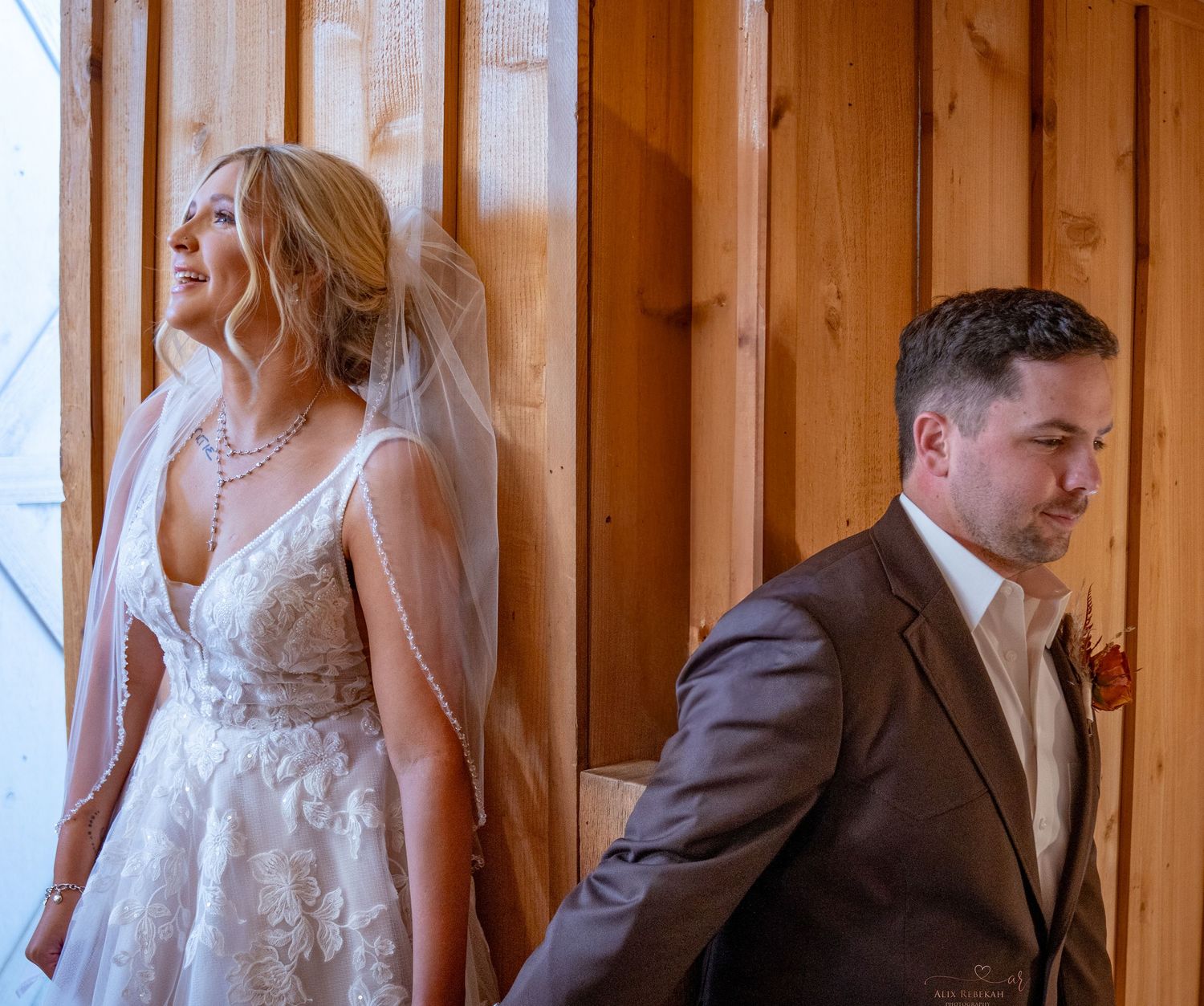 A series of wedding photos showing a bride and groom in various intimate poses against a rustic wooden backdrop.