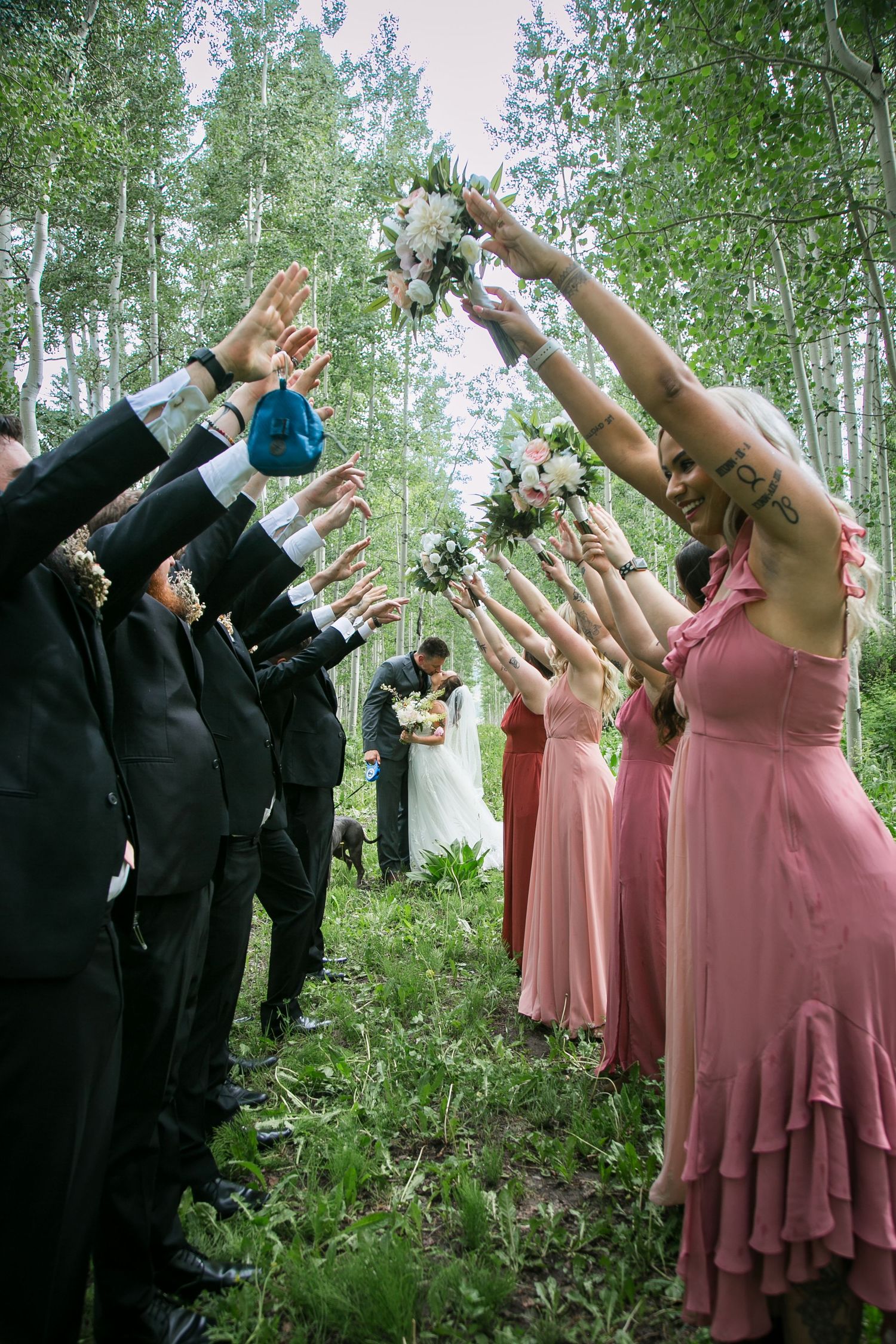 Wedding party forms an archway with raised arms in an aspen forest while wearing pink dresses and black suits.