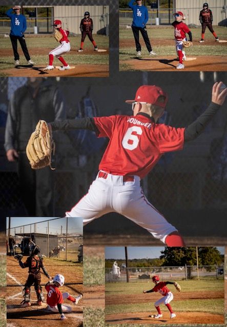 Baseball collage showing batting stances, pitching form, and fielding positions on a sunny day at a baseball field.