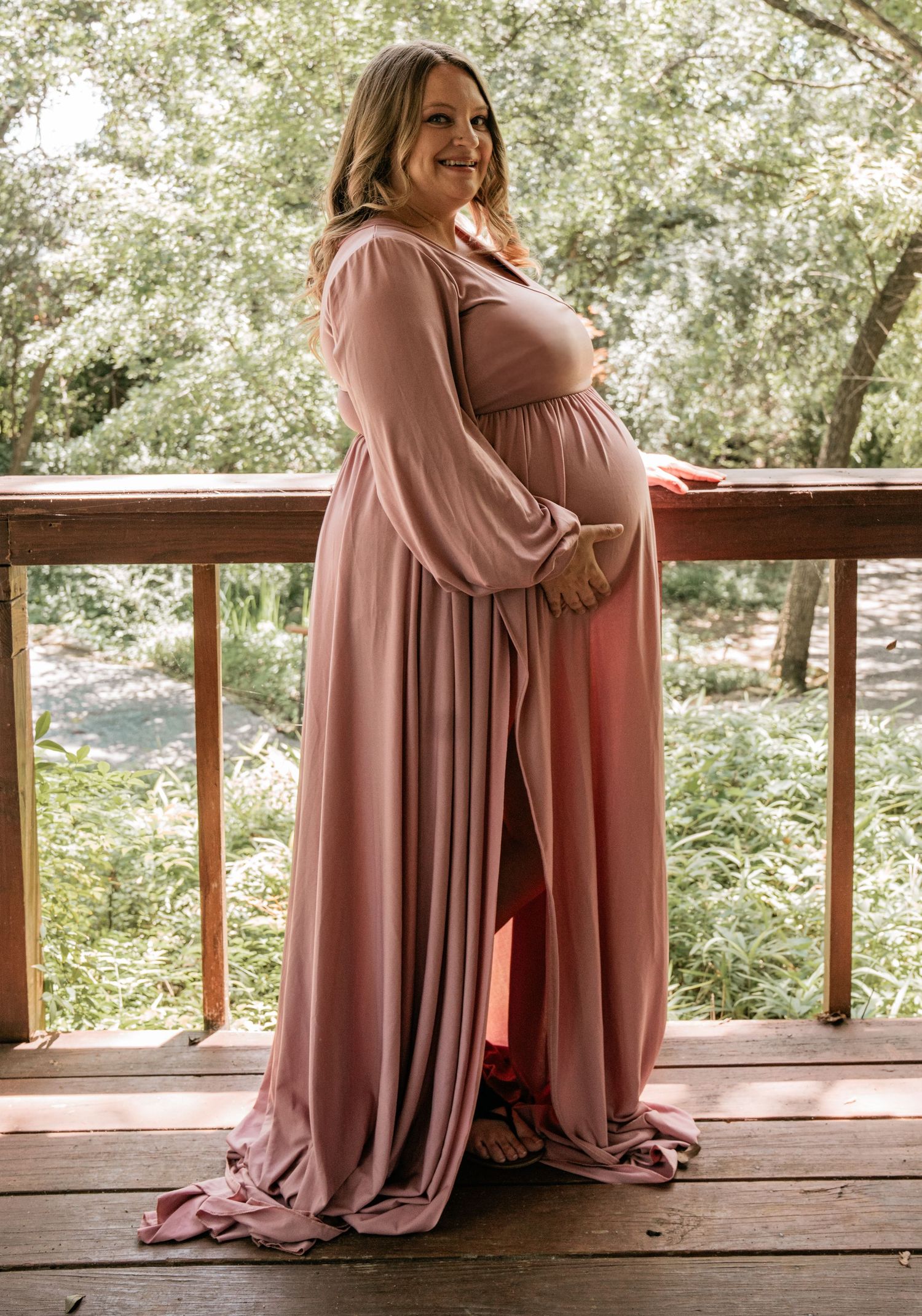 A sequence of romantic photos showing a woman in a flowing dusty rose dress sitting on a rustic wooden porch.