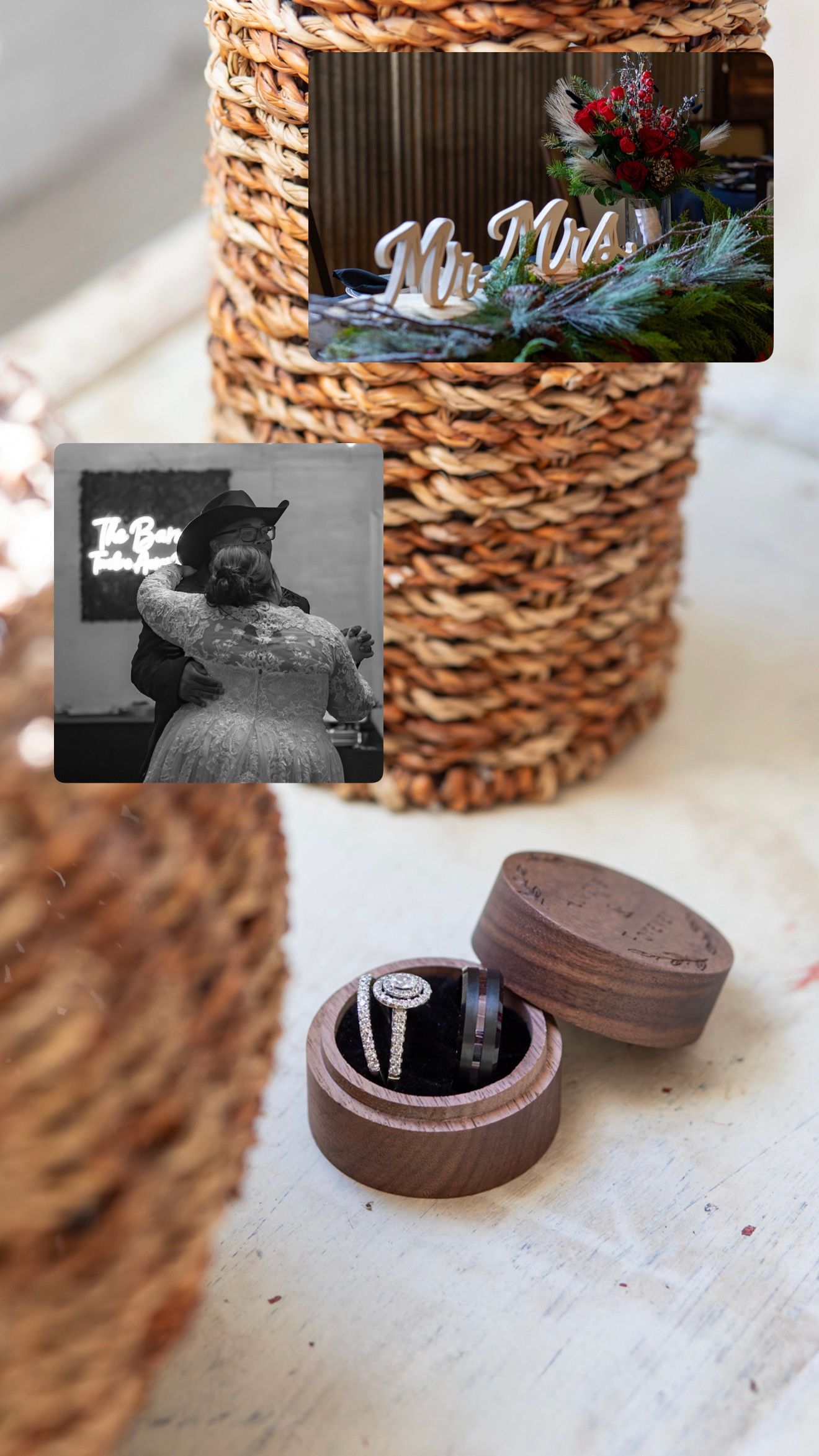 A diamond engagement ring in a wooden ring box beside wicker baskets, with wedding photos showing Mr. & Mrs. signs.