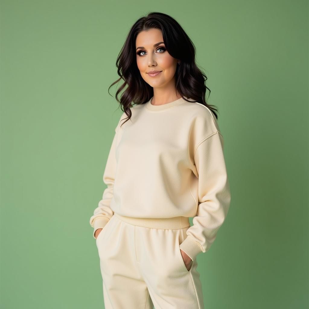 Casual portrait in cream colored loungewear against green background.