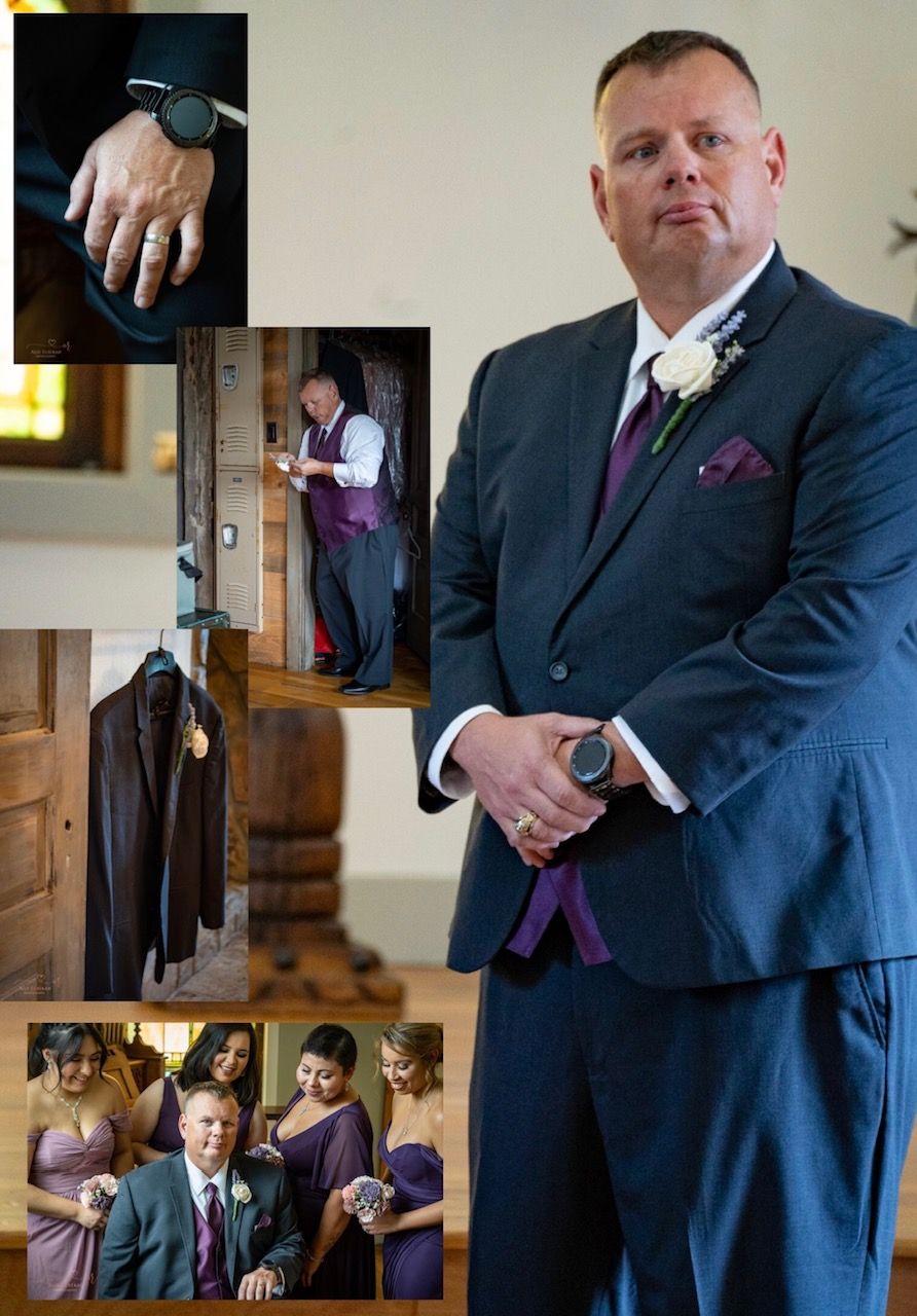 Wedding day preparation collage showing formal attire, rings, and candid moments.