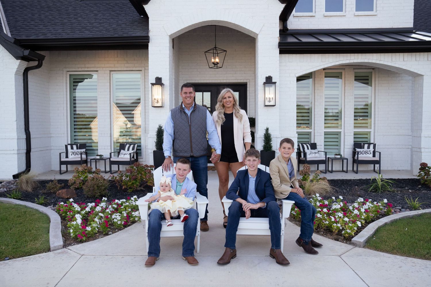 Collage of photos showing legs and feet of people standing together in front of a home exterior.