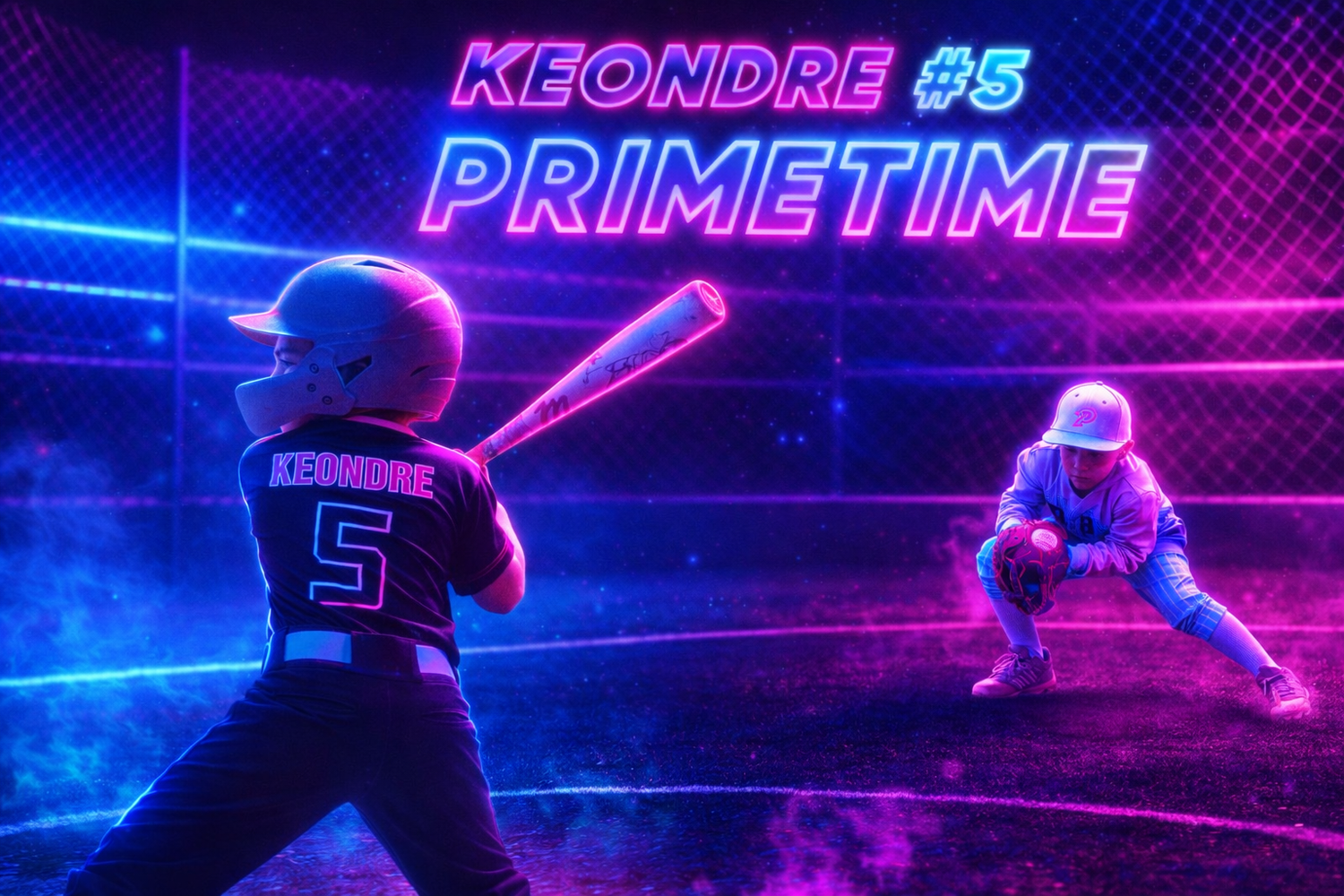 Youth baseball player Keondre #5 bats in neon-lit stadium with catcher behind, titled Primetime in vibrant pink and blue.