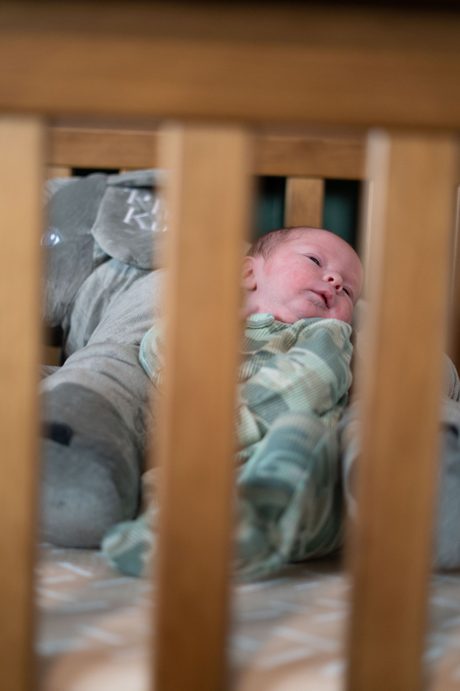A sleeping baby photographed through wooden crib slats in soft, muted lighting.