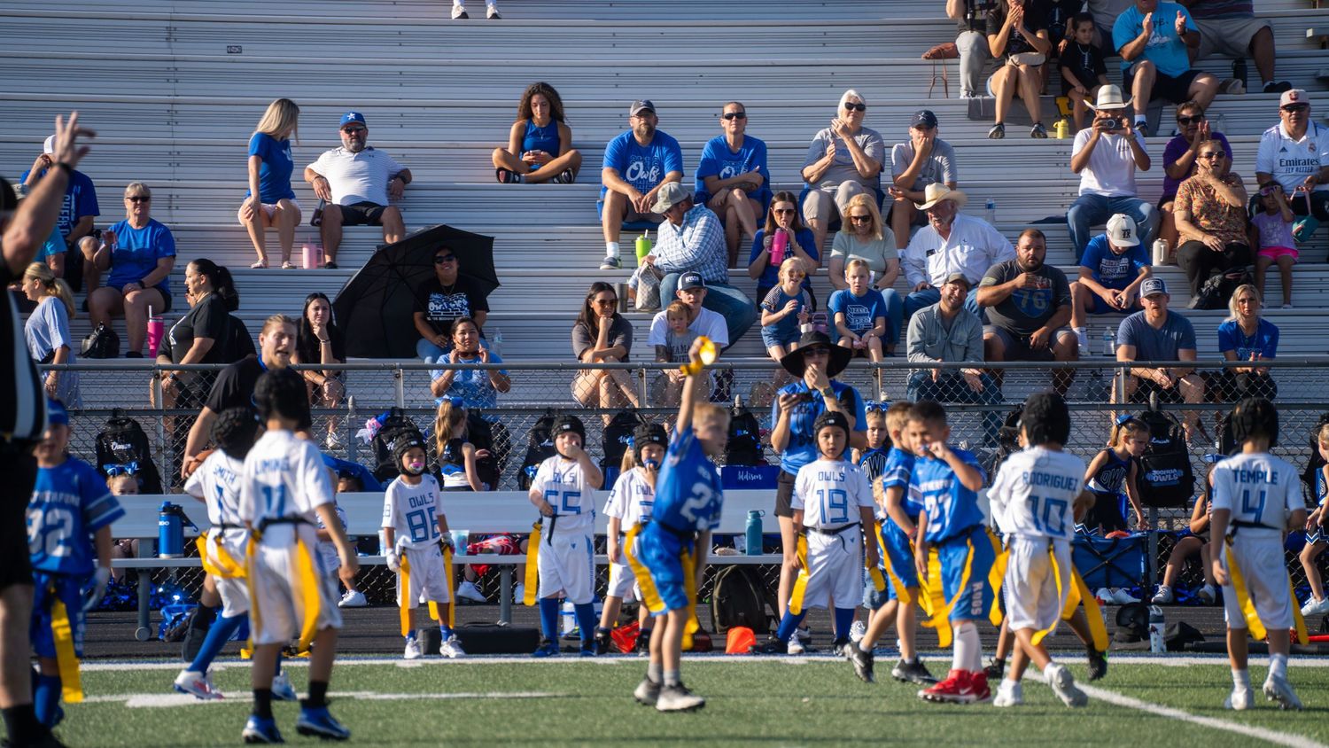 Crowd watching cheerleaders perform at football game in stadium bleachers.