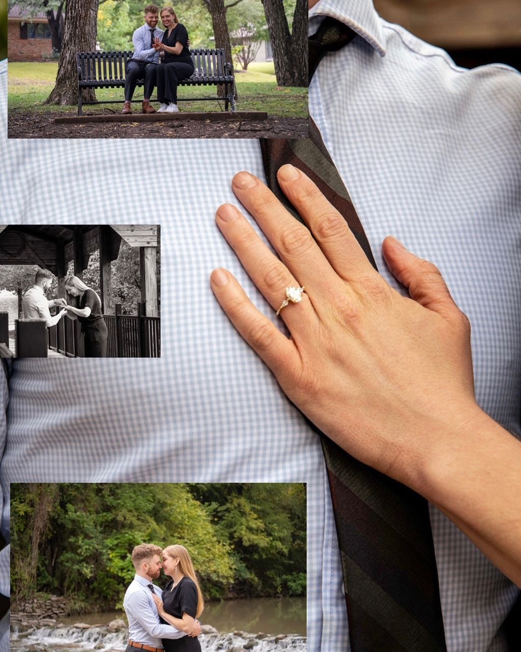 Engagement ring shown on hand with photo collage and black and white pictures displayed on gingham pattern background.