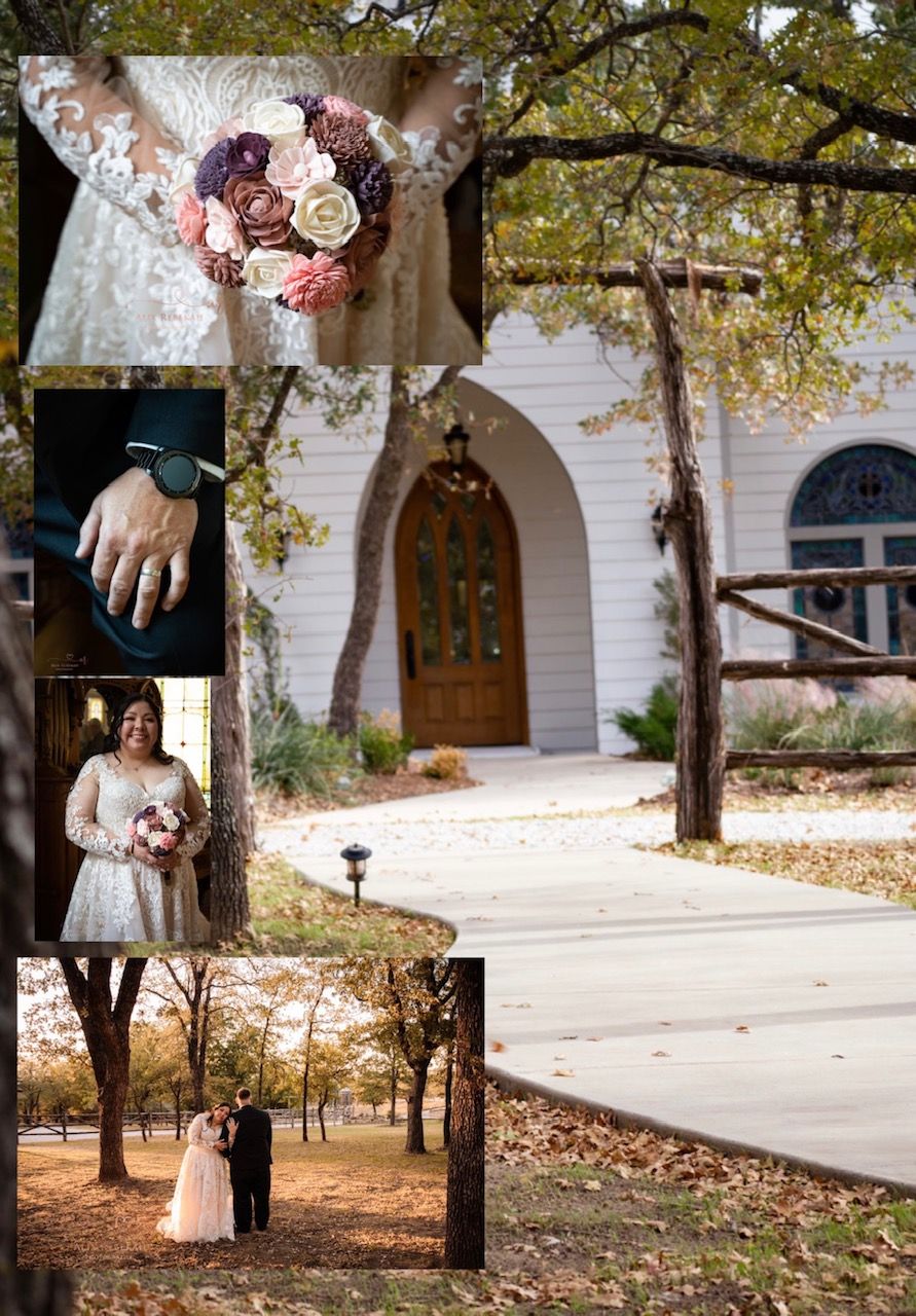 Wedding photo collage featuring church entrance, floral details, and romantic outdoor shots.