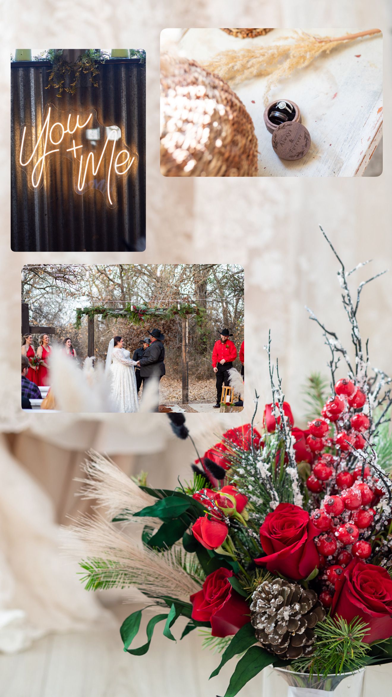 Romantic winter wedding collage with You & Me neon sign, outdoor ceremony, and red rose bouquet.